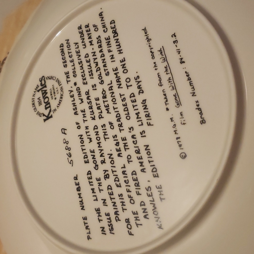 ASHLEY GONE WITH THE WIND COLLECTOR PLATE - Picture 6 of 6